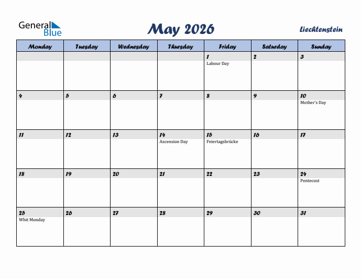 May 2026 Calendar with Holidays in Liechtenstein
