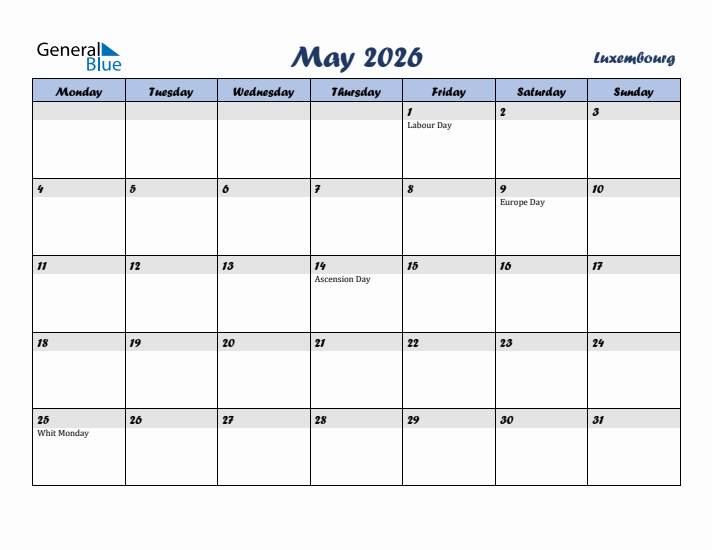 May 2026 Calendar with Holidays in Luxembourg