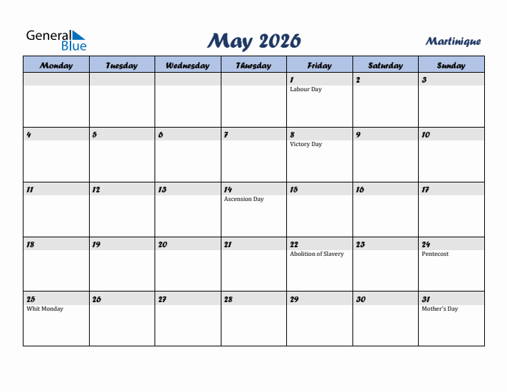 May 2026 Calendar with Holidays in Martinique