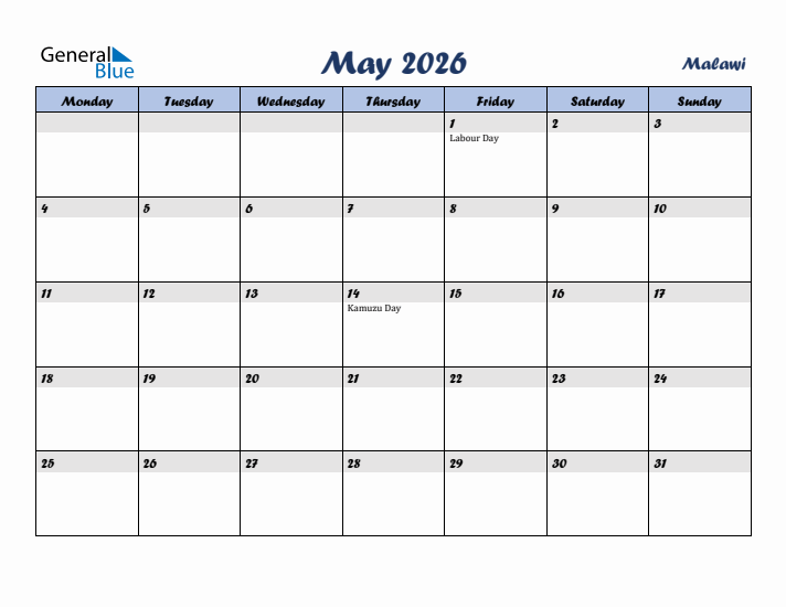 May 2026 Calendar with Holidays in Malawi