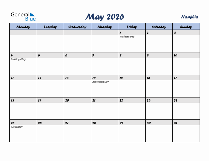 May 2026 Calendar with Holidays in Namibia