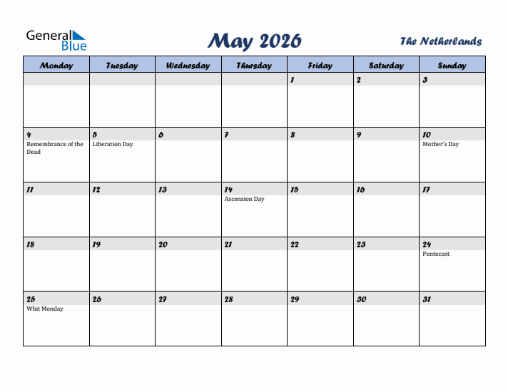 May 2026 Calendar with Holidays in The Netherlands