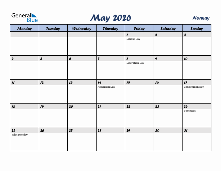 May 2026 Calendar with Holidays in Norway