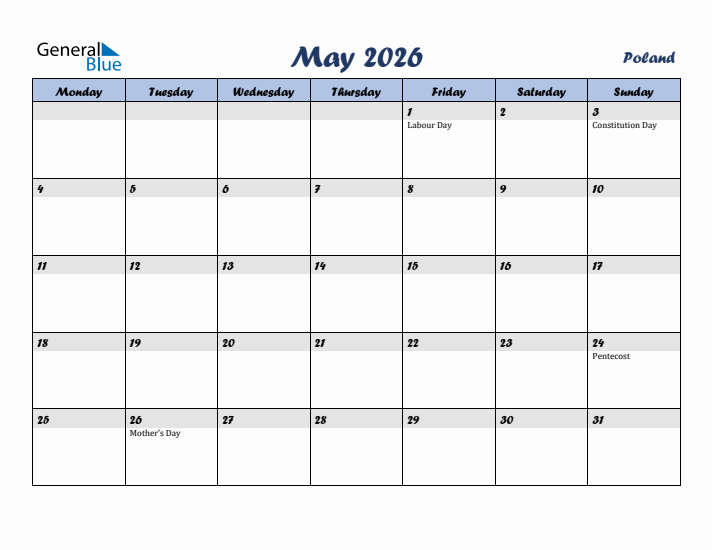May 2026 Calendar with Holidays in Poland