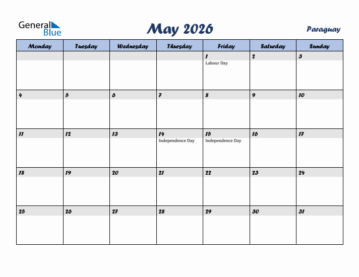 May 2026 Calendar with Holidays in Paraguay