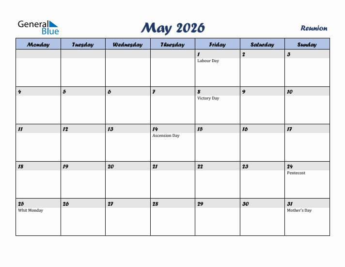 May 2026 Calendar with Holidays in Reunion