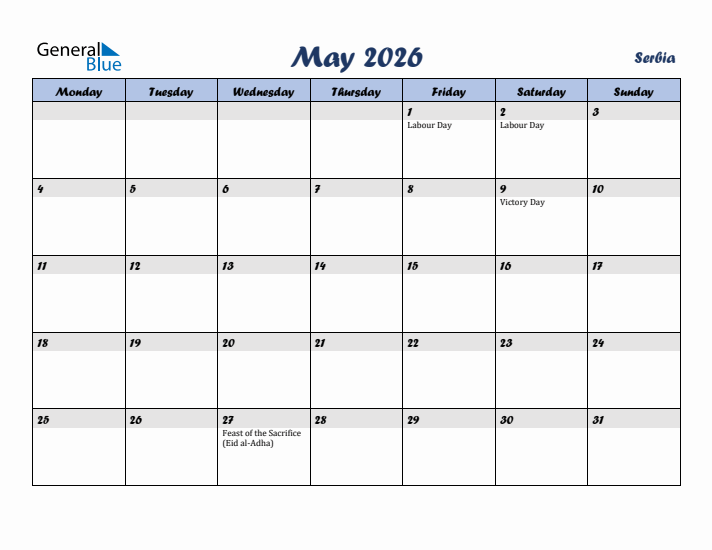 May 2026 Calendar with Holidays in Serbia