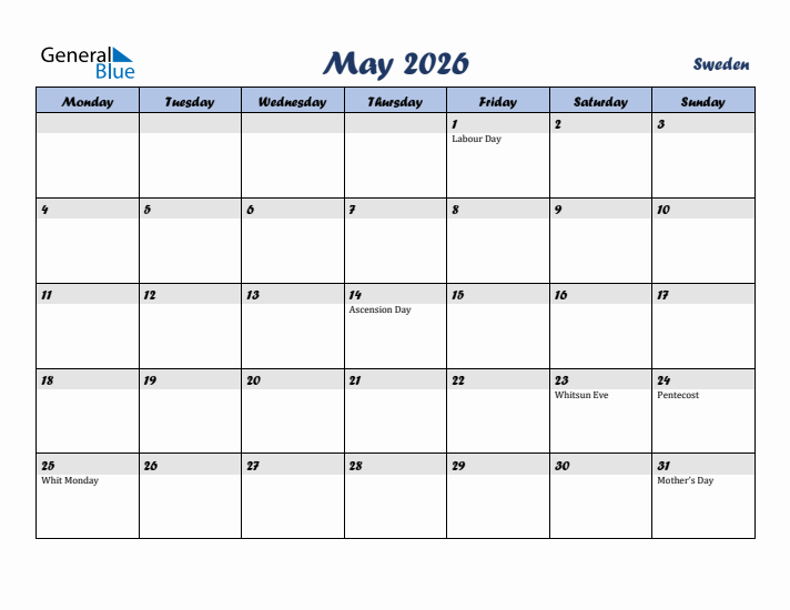 May 2026 Calendar with Holidays in Sweden