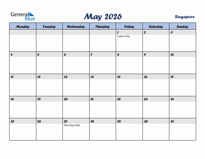 May 2026 Calendar with Holidays in Singapore