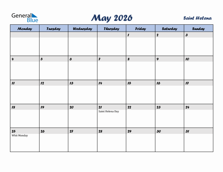 May 2026 Calendar with Holidays in Saint Helena
