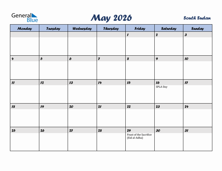 May 2026 Calendar with Holidays in South Sudan