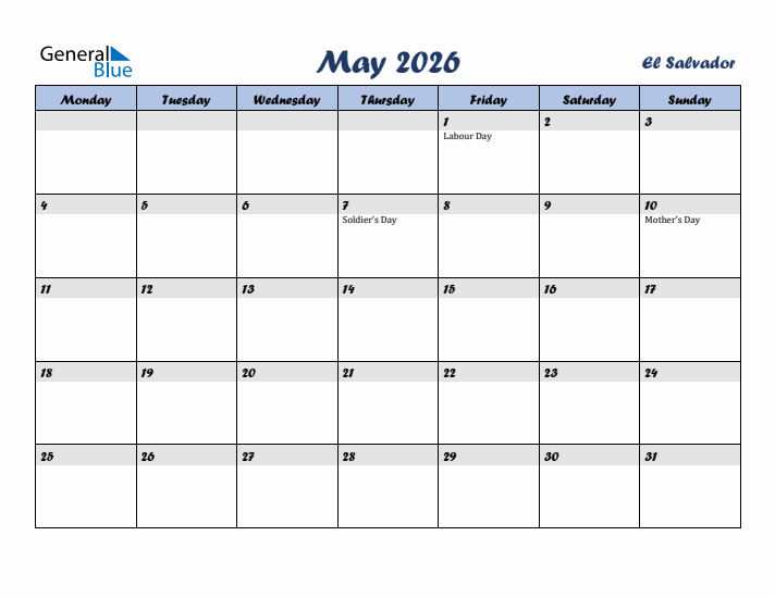 May 2026 Calendar with Holidays in El Salvador