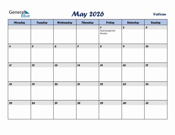 May 2026 Calendar with Holidays in Vatican