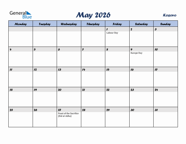 May 2026 Calendar with Holidays in Kosovo