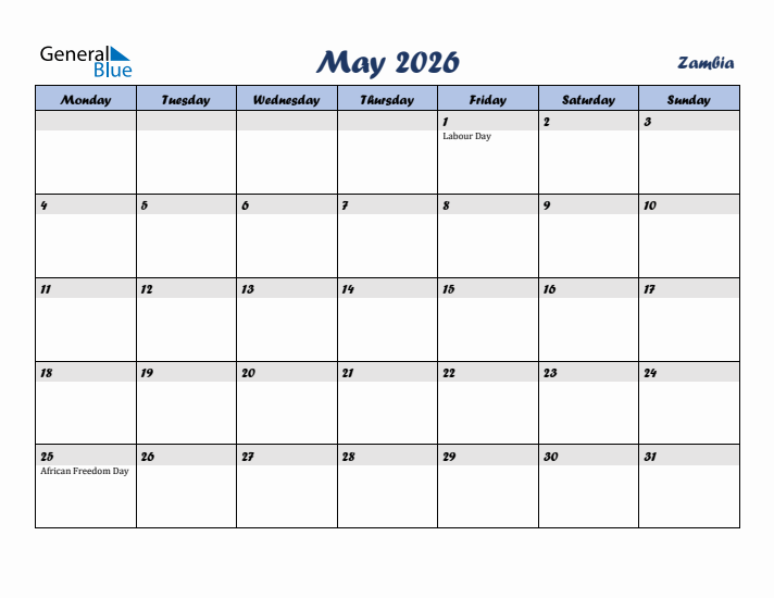 May 2026 Calendar with Holidays in Zambia