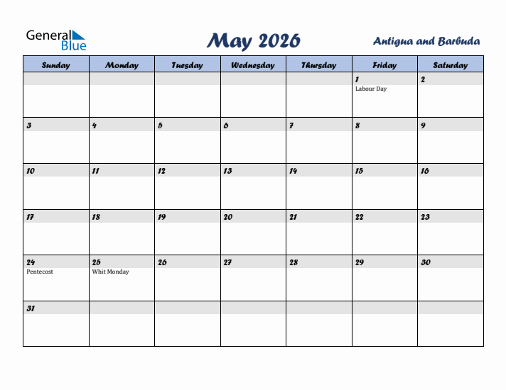 May 2026 Calendar with Holidays in Antigua and Barbuda