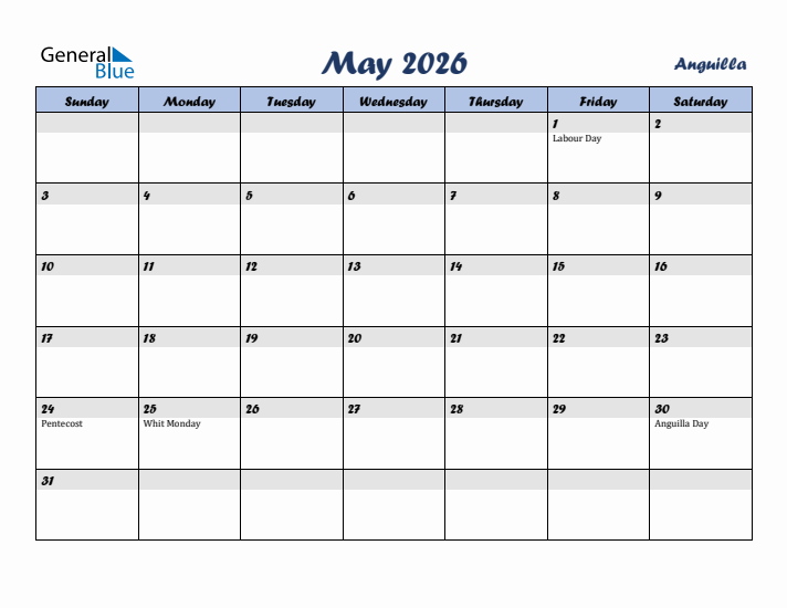 May 2026 Calendar with Holidays in Anguilla