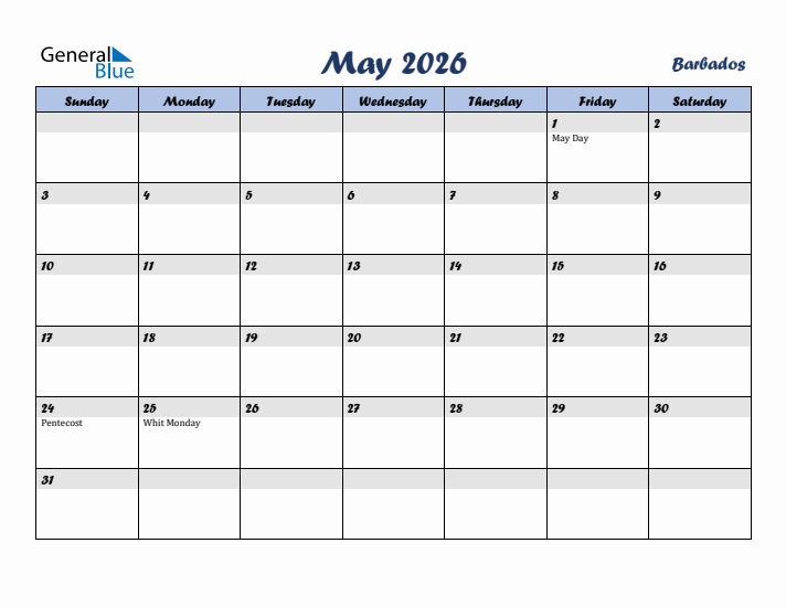 May 2026 Calendar with Holidays in Barbados