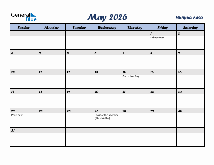 May 2026 Calendar with Holidays in Burkina Faso