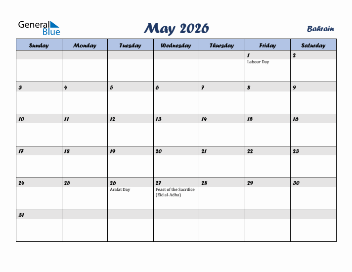 May 2026 Calendar with Holidays in Bahrain