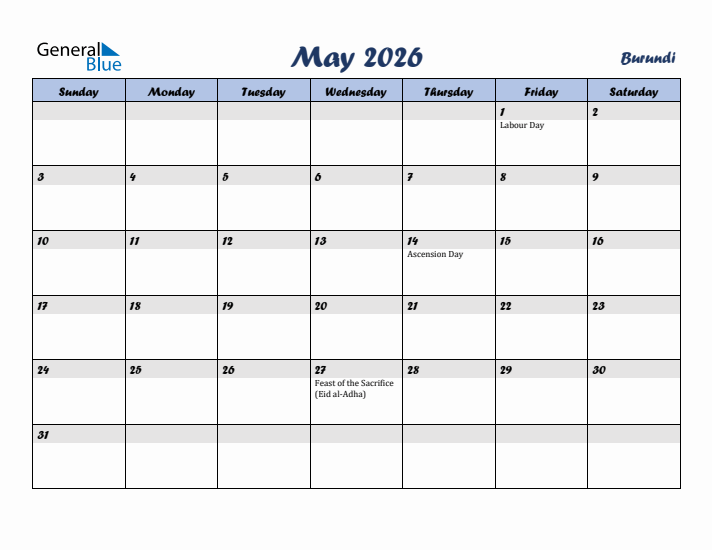 May 2026 Calendar with Holidays in Burundi