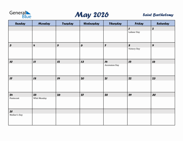 May 2026 Calendar with Holidays in Saint Barthelemy