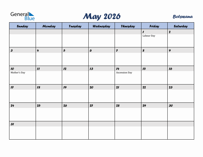 May 2026 Calendar with Holidays in Botswana