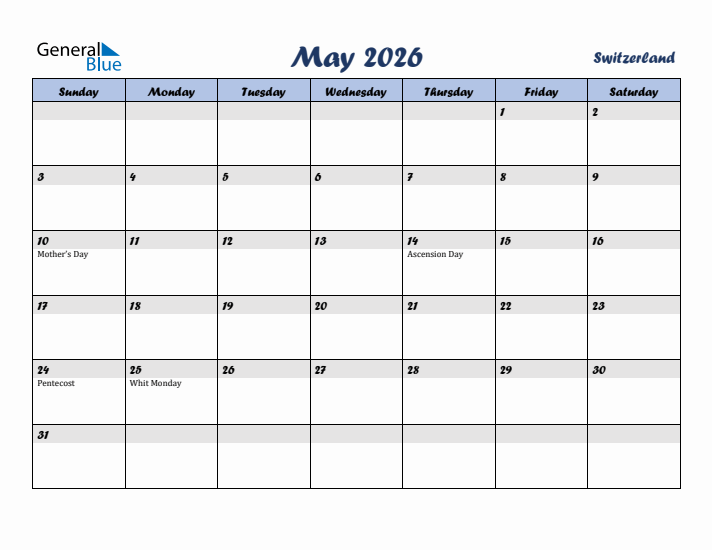 May 2026 Calendar with Holidays in Switzerland