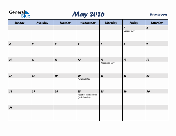May 2026 Calendar with Holidays in Cameroon
