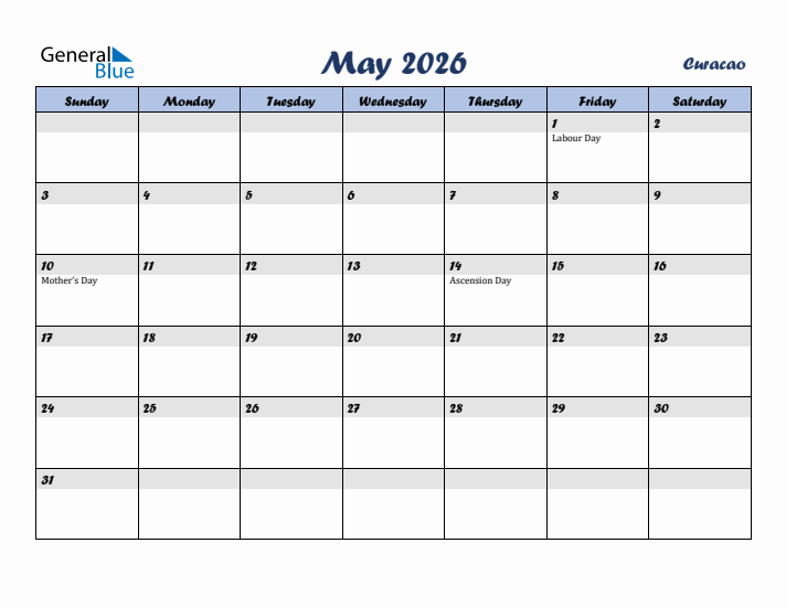 May 2026 Calendar with Holidays in Curacao