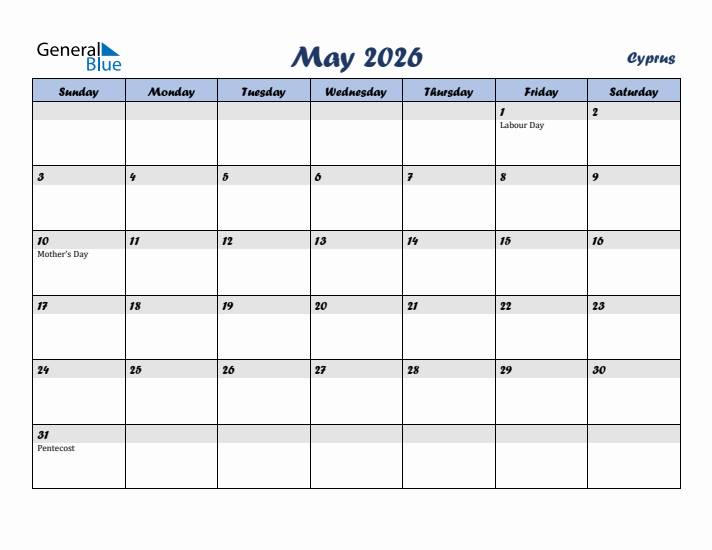 May 2026 Calendar with Holidays in Cyprus