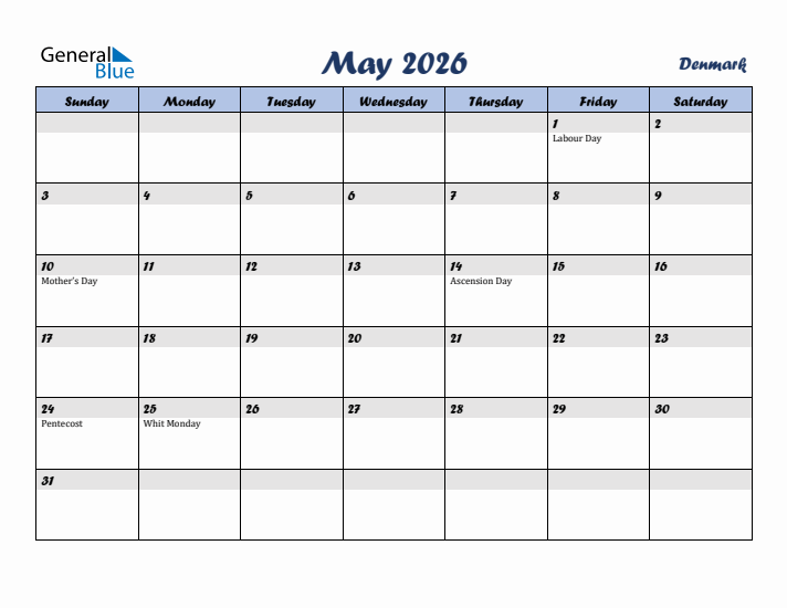 May 2026 Calendar with Holidays in Denmark