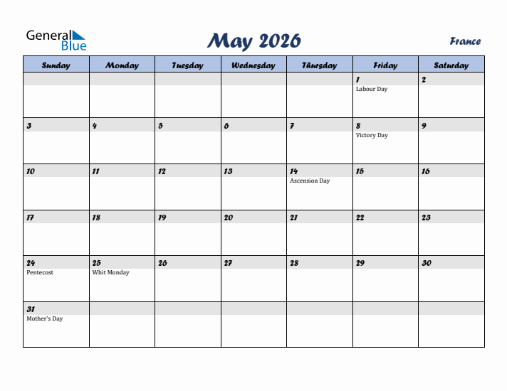 May 2026 Calendar with Holidays in France