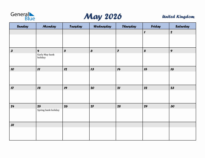 May 2026 Calendar with Holidays in United Kingdom