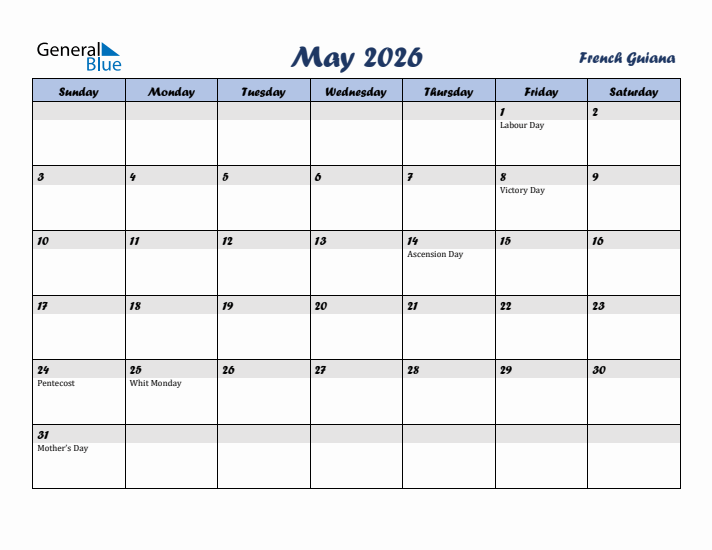 May 2026 Calendar with Holidays in French Guiana