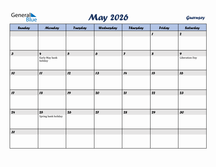 May 2026 Calendar with Holidays in Guernsey