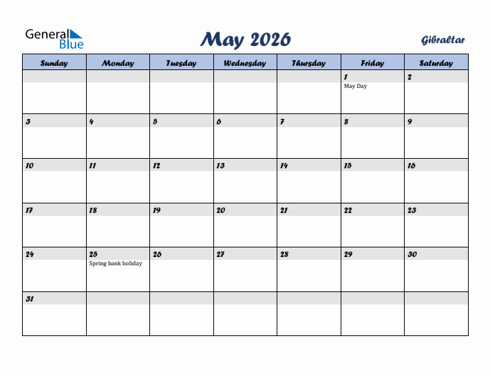 May 2026 Calendar with Holidays in Gibraltar
