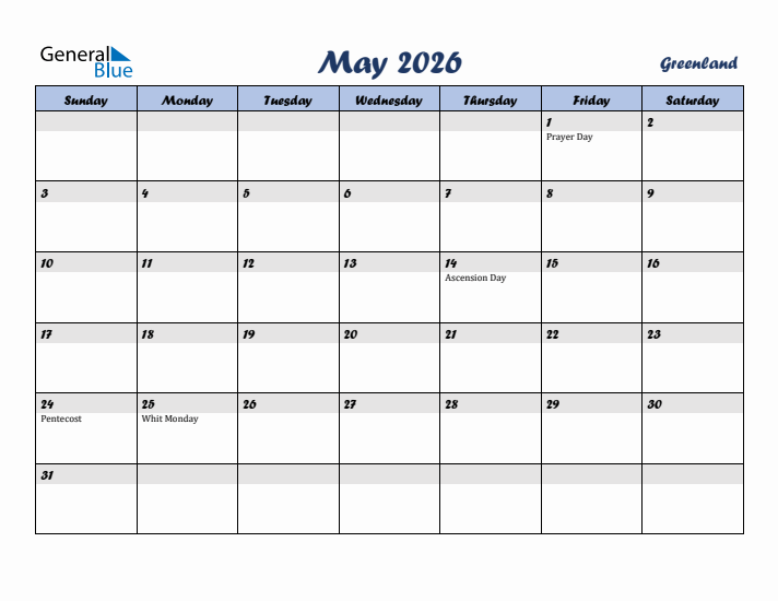 May 2026 Calendar with Holidays in Greenland
