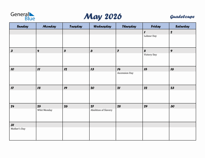 May 2026 Calendar with Holidays in Guadeloupe