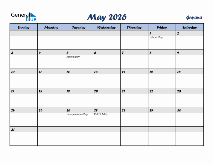 May 2026 Calendar with Holidays in Guyana