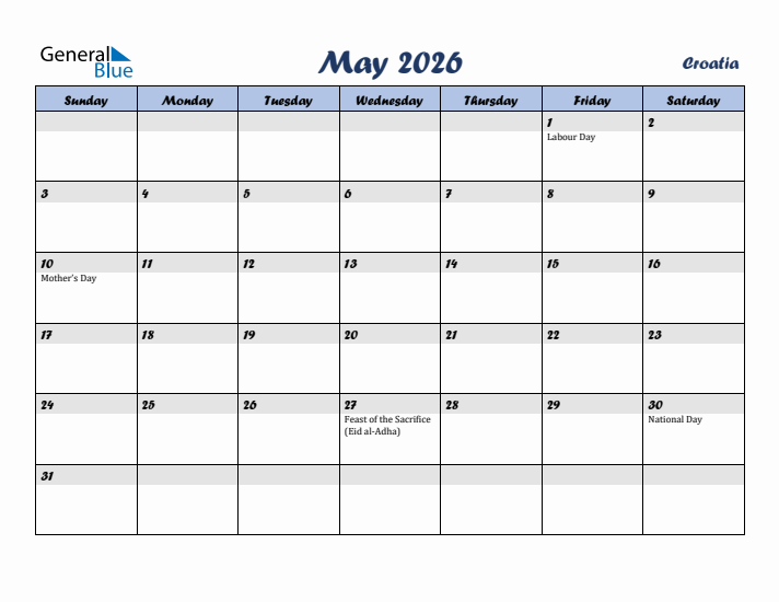 May 2026 Calendar with Holidays in Croatia