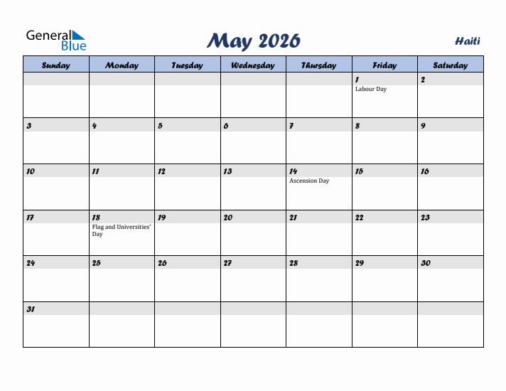 May 2026 Calendar with Holidays in Haiti