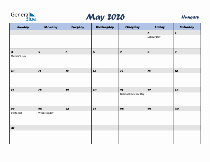 May 2026 Calendar with Holidays in Hungary