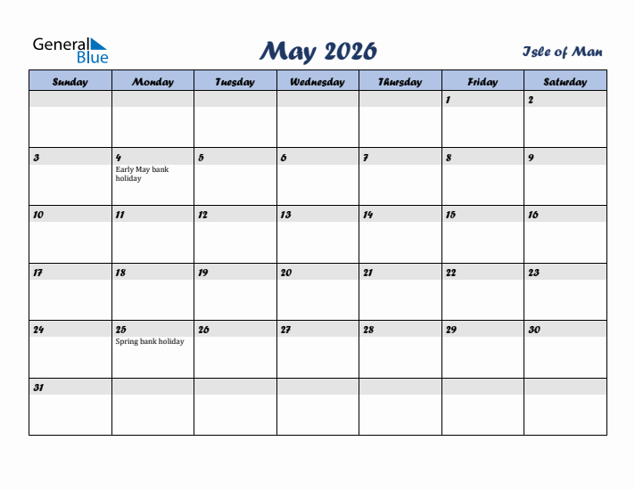 May 2026 Calendar with Holidays in Isle of Man