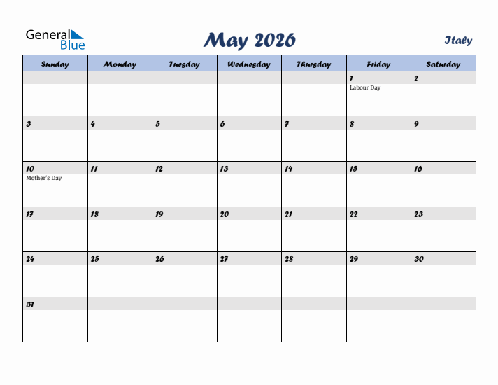 May 2026 Calendar with Holidays in Italy