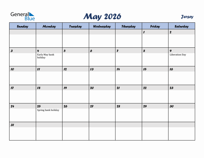May 2026 Calendar with Holidays in Jersey