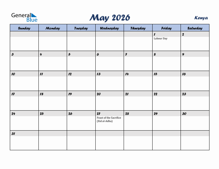 May 2026 Calendar with Holidays in Kenya