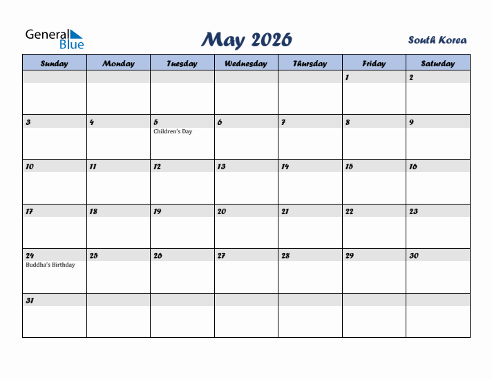 May 2026 Calendar with Holidays in South Korea