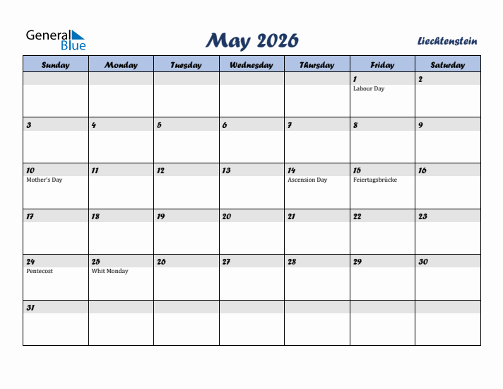 May 2026 Calendar with Holidays in Liechtenstein
