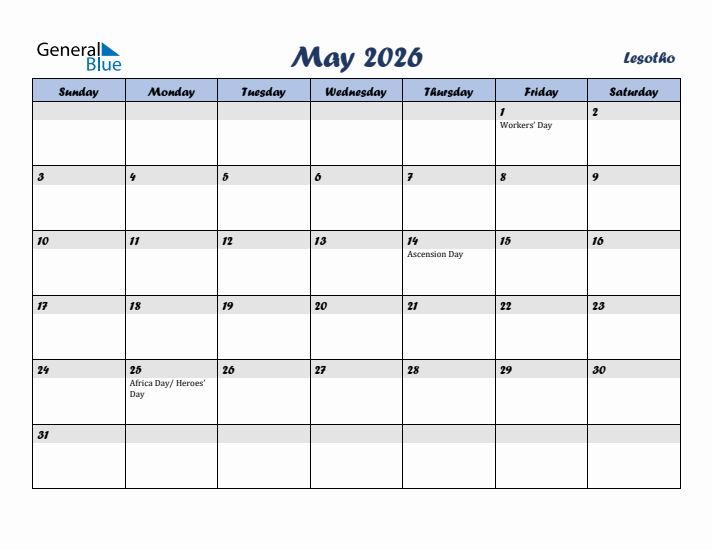 May 2026 Calendar with Holidays in Lesotho
